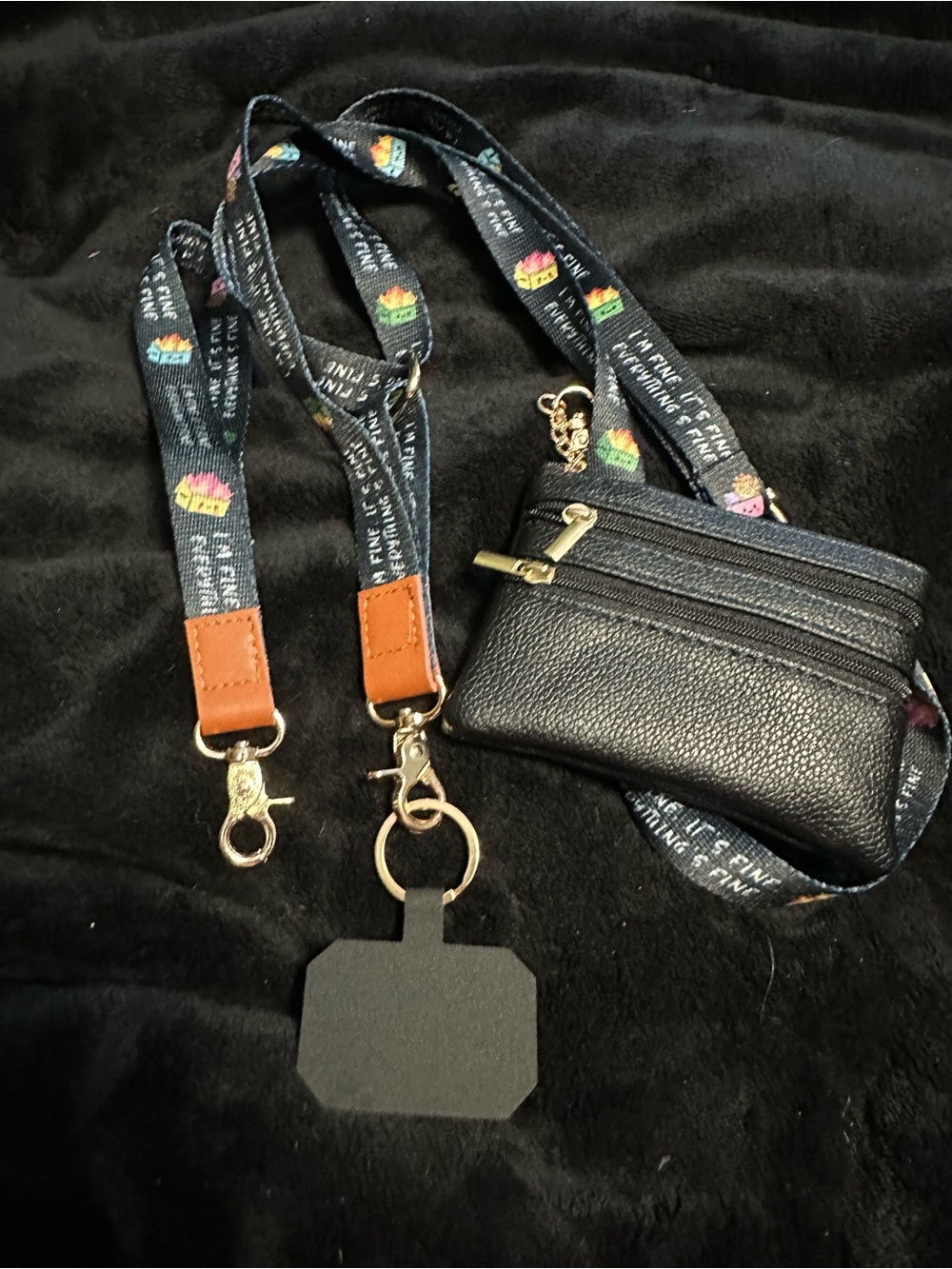 Black Crossbody Card Wallet with Printed Lanyard
